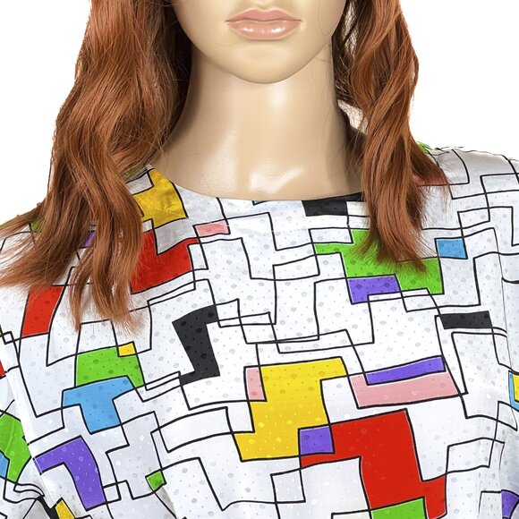 '80s Vintage Jordan Ari Iconic Bright Geometric Print Satin Dress Size 18 - Picture 2 of 12
